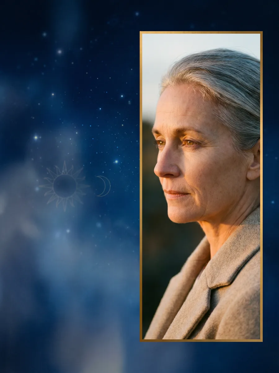 Editorial-Porträt einer Frau in den besten Jahren mit Sonnen- und Mond-Symbolik